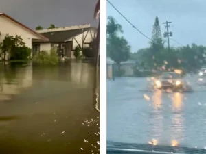 Split screen showing a photo on the left of a home about 5 feet under water and the photo on the right shows a car riding through a flooded street on a dark, rainy day.